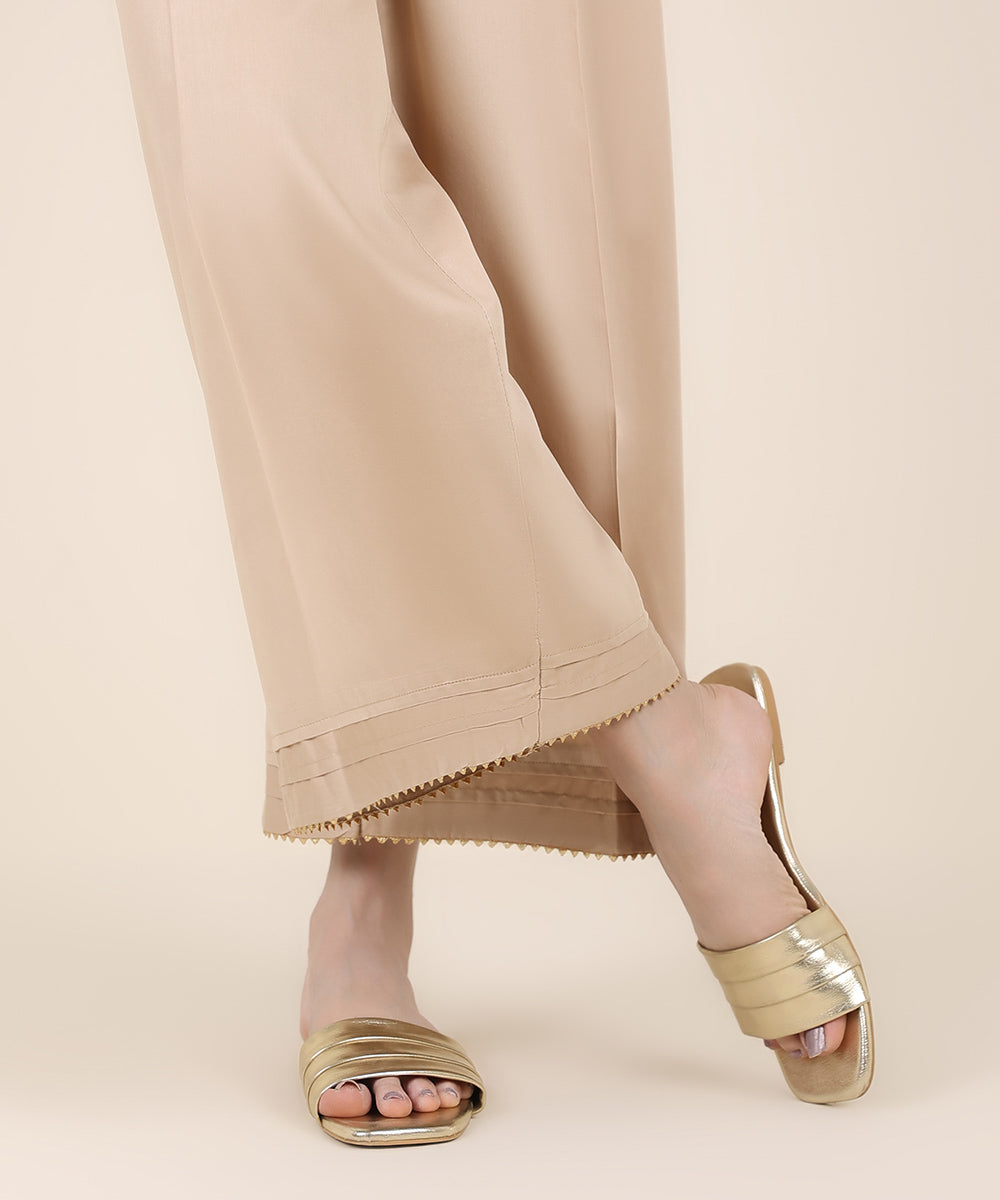 Women's RTW Cotton Satin Beige Solid Flared Pants