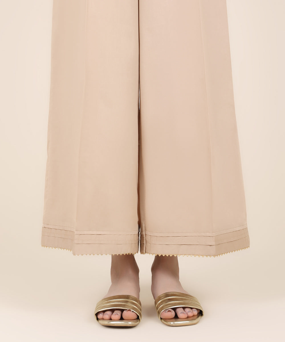 Women's RTW Cotton Satin Beige Solid Flared Pants