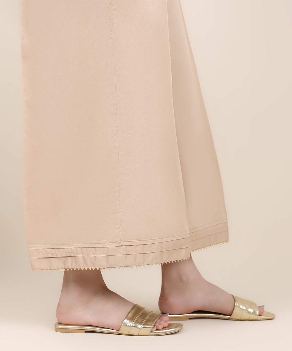 Women's RTW Cotton Satin Beige Solid Flared Pants