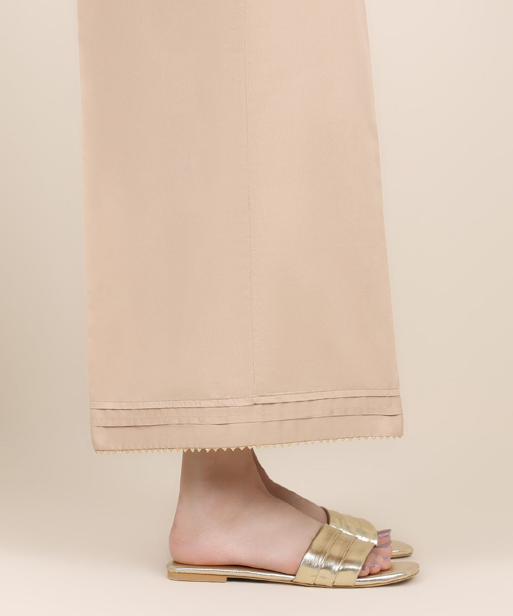 Women's RTW Cotton Satin Beige Solid Flared Pants