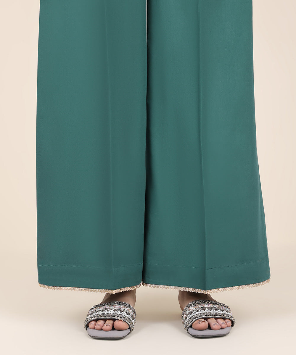 Women's RTW Cotton Satin Green Solid Flared Pants