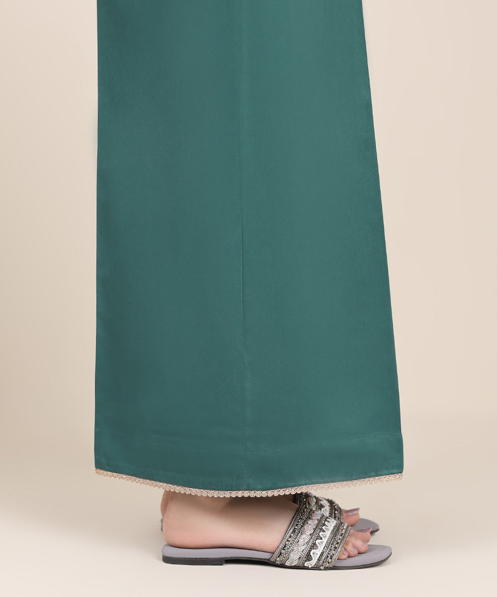 Women's RTW Cotton Satin Green Solid Flared Pants