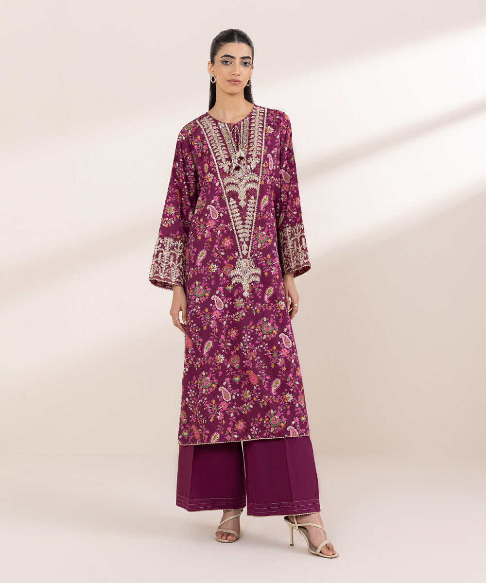 Women's RTW Cotton Satin Purple Embroidered A-Line Shirt