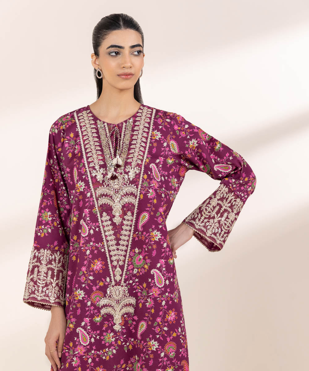Women's RTW Cotton Satin Purple Embroidered A-Line Shirt
