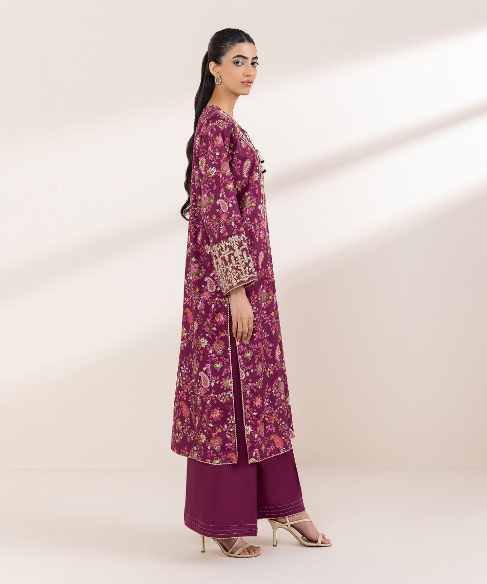Women's RTW Cotton Satin Purple Embroidered A-Line Shirt