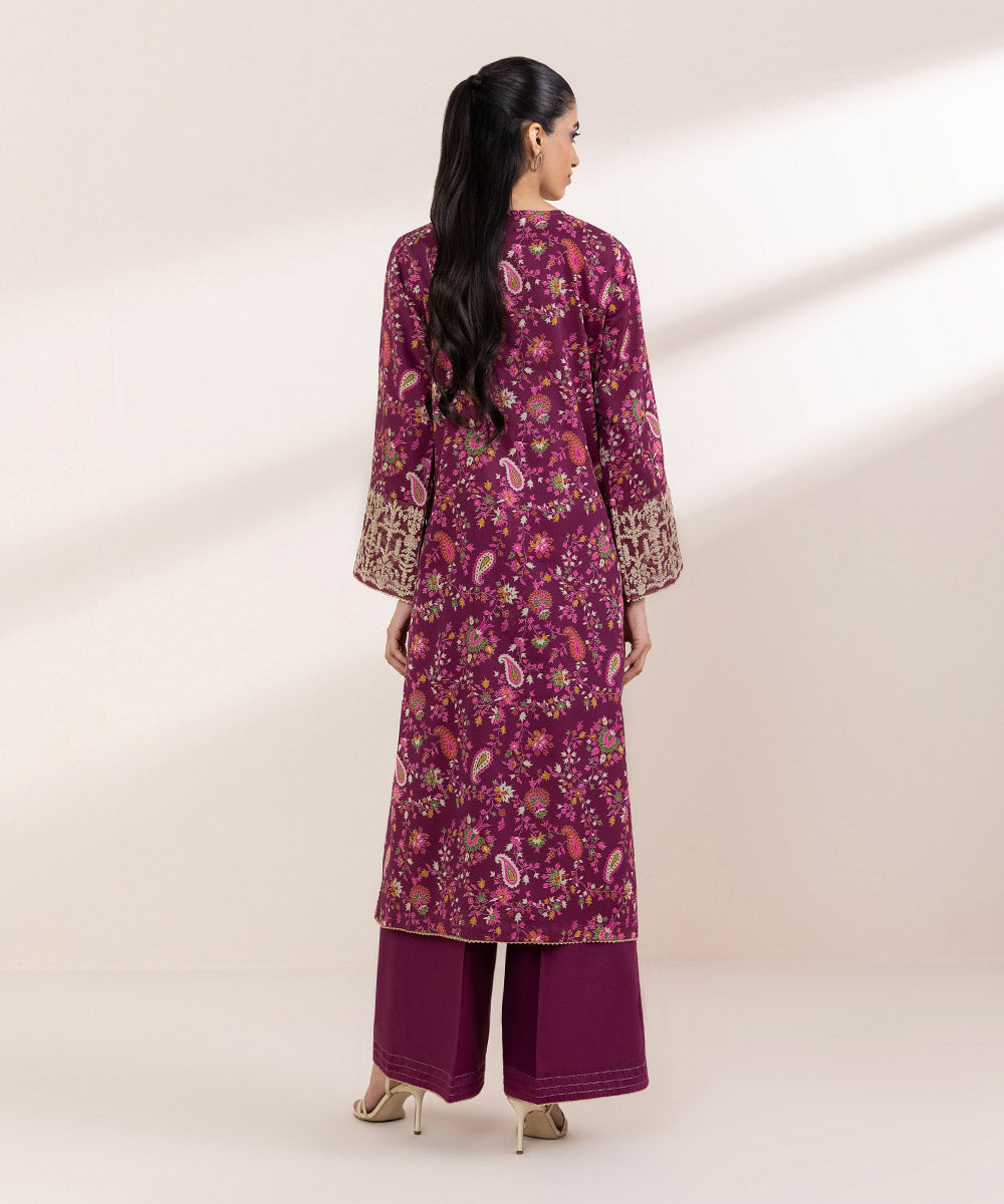Women's RTW Cotton Satin Purple Embroidered A-Line Shirt