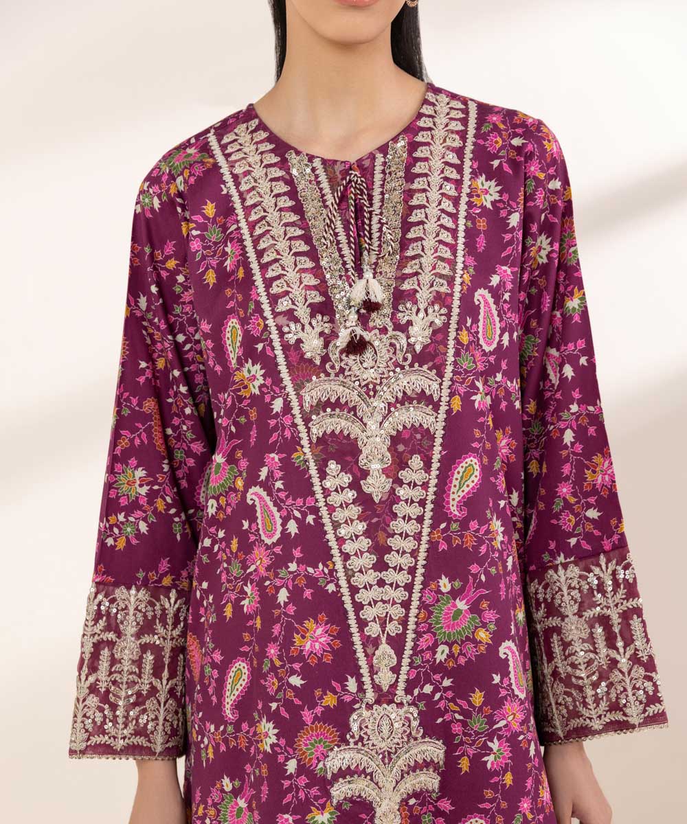 Women's RTW Cotton Satin Purple Embroidered A-Line Shirt