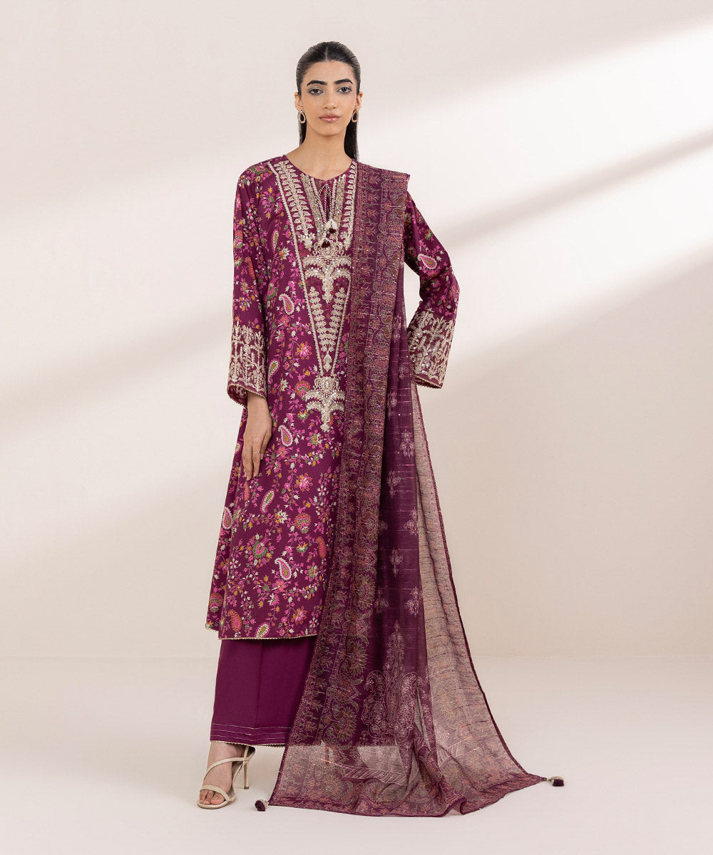 Women's RTW Cotton Satin Purple Embroidered A-Line Shirt