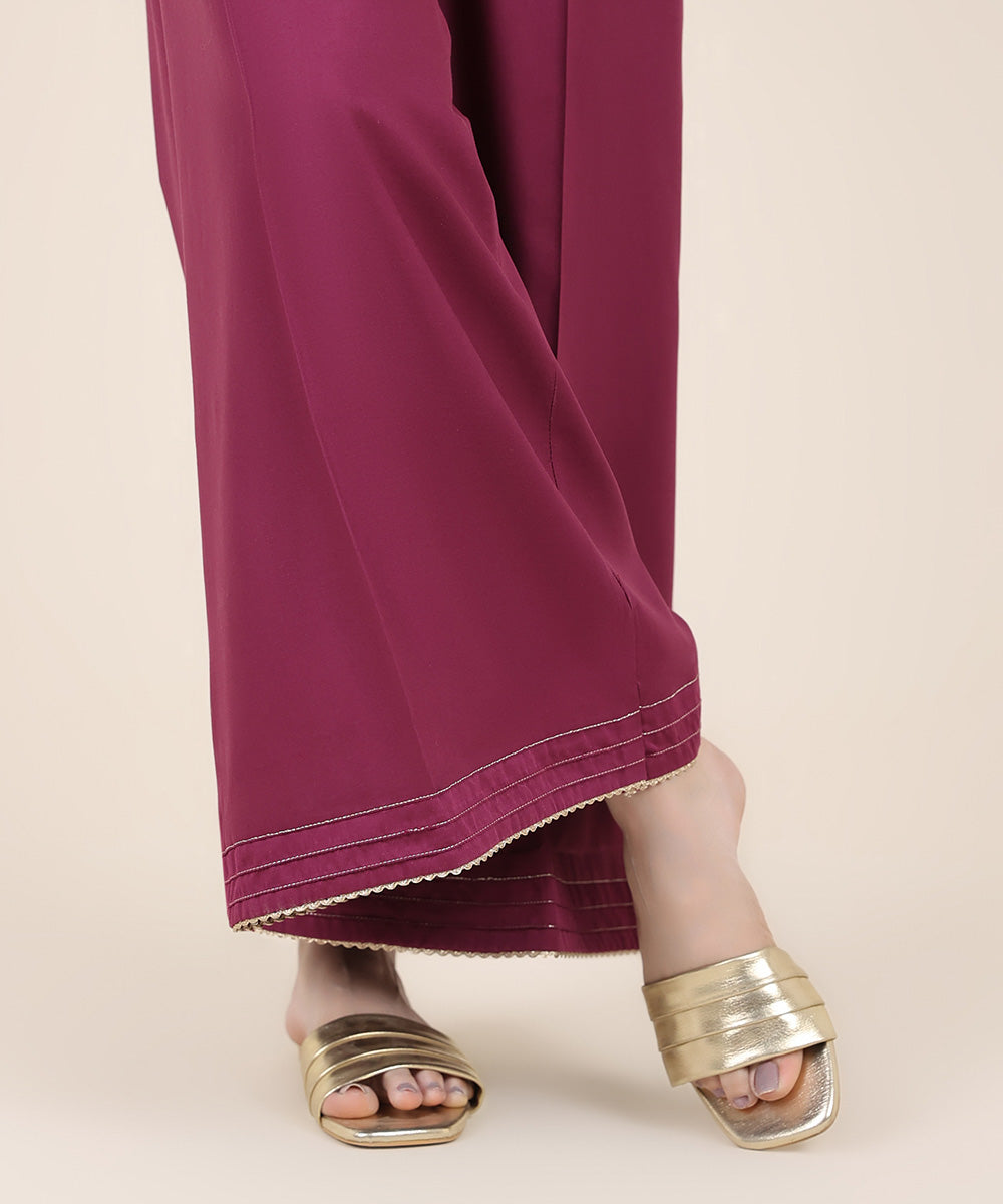 Women's RTW Cotton Satin Purple Solid Flared Pants