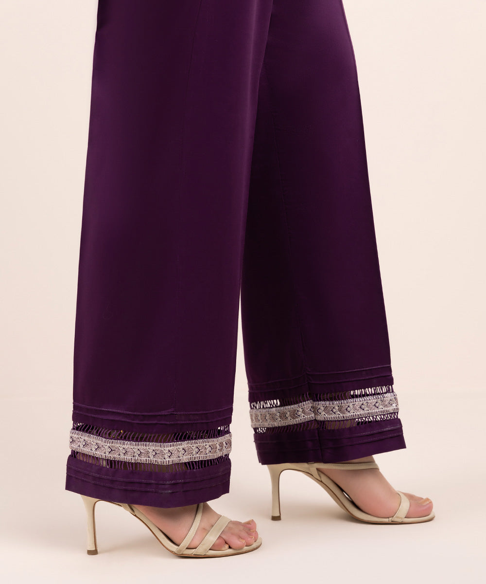 Women's Pret Cross Hatch Purple Embroidered Straight Pants