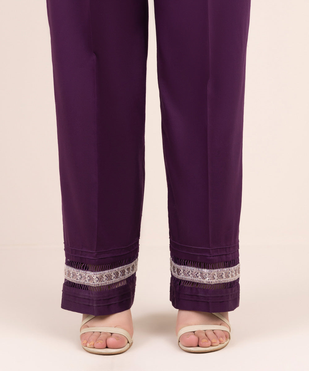 Women's Pret Cross Hatch Purple Embroidered Straight Pants