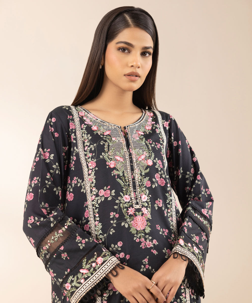 Women's Pret Cotton Satin Black Embroidered A-Line Shirt