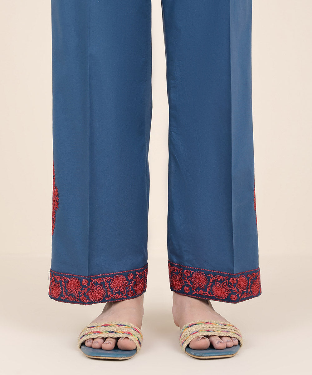 Women's RTW Cambric Blue Embroidered Straight Pants