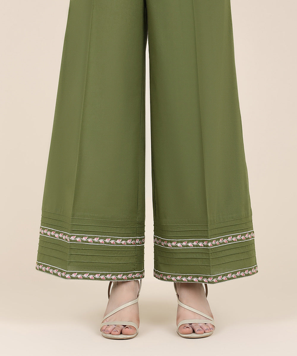 Women's RTW Cambric Green Embroidered Flared Pants