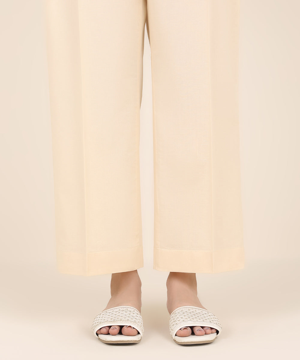 Women's RTW Cambric Beige Solid Straight Pants