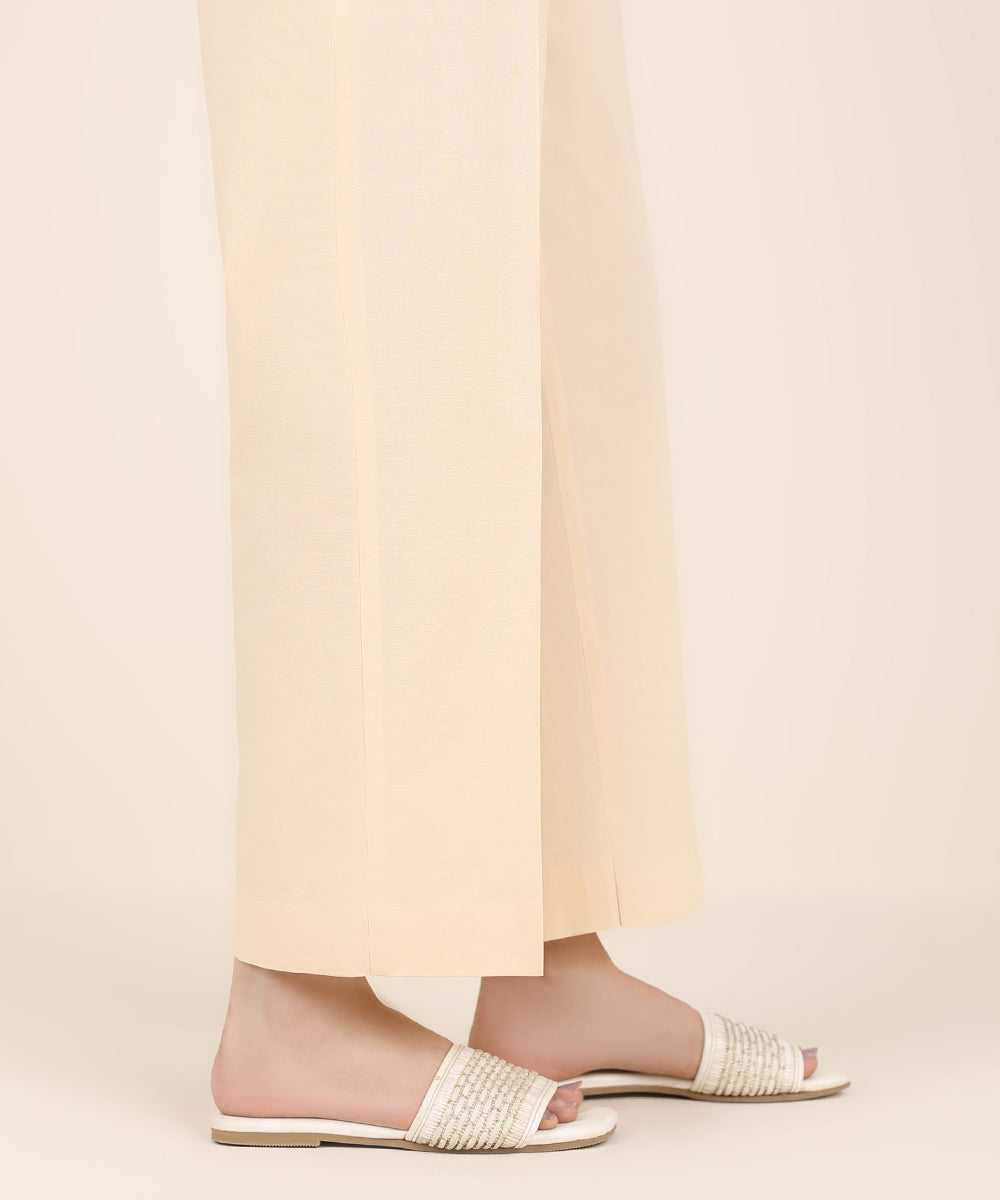 Women's RTW Cambric Beige Solid Straight Pants