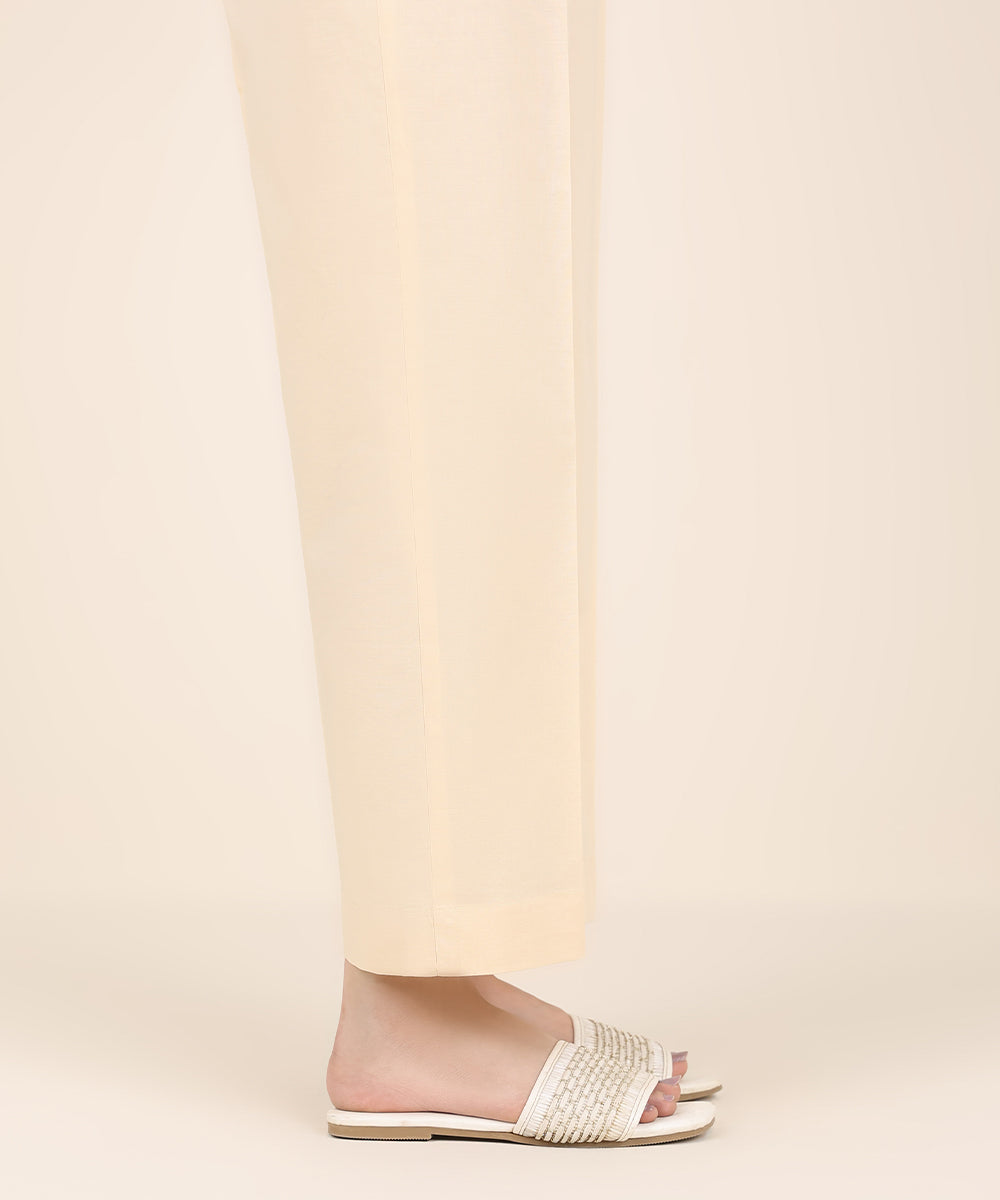Women's RTW Cambric Beige Solid Straight Pants