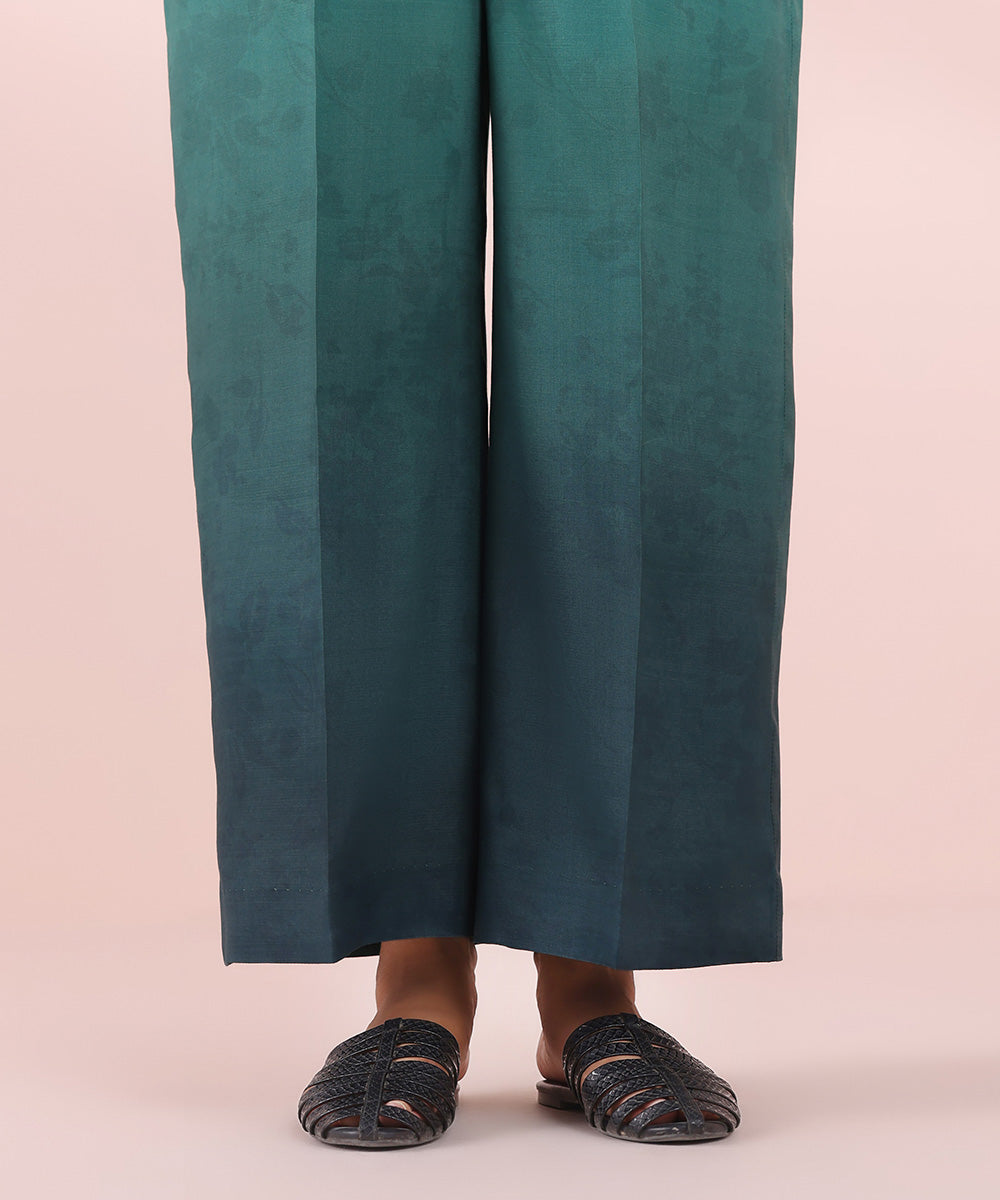 Women's Pret Viscose Raw Silk Green Printed Culottes