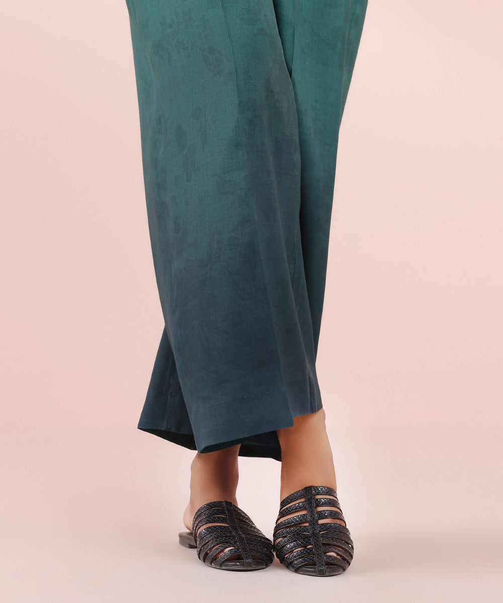 Women's Pret Viscose Raw Silk Green Printed Culottes