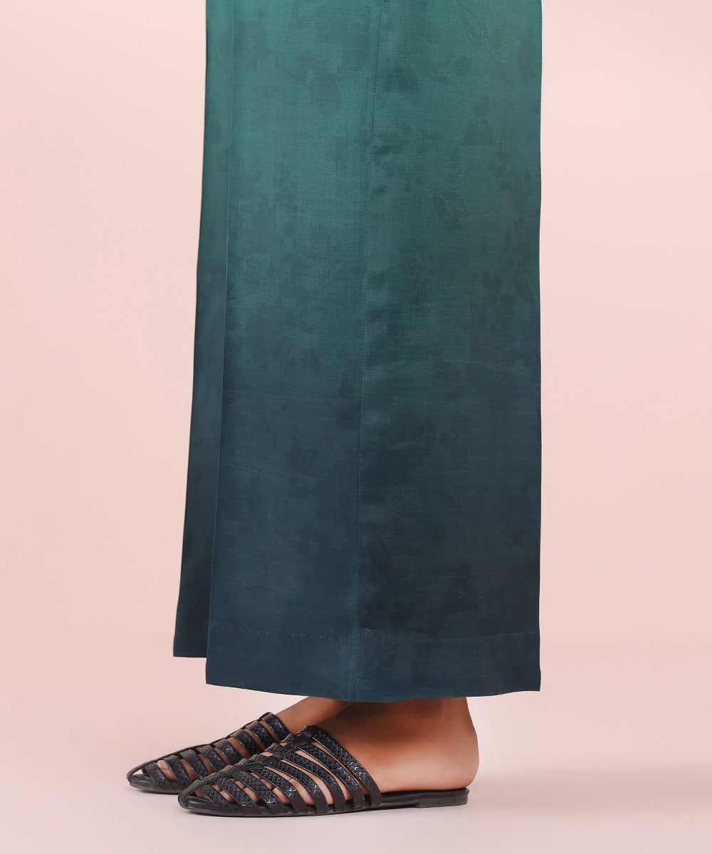 Women's Pret Viscose Raw Silk Green Printed Culottes