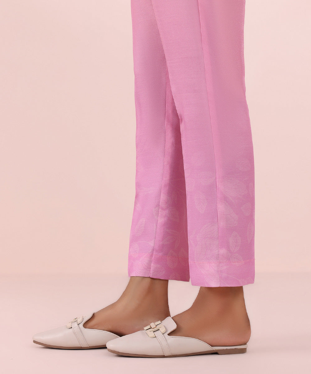 Women's Pret Viscose Raw Silk Pink Printed Cigarette Pants