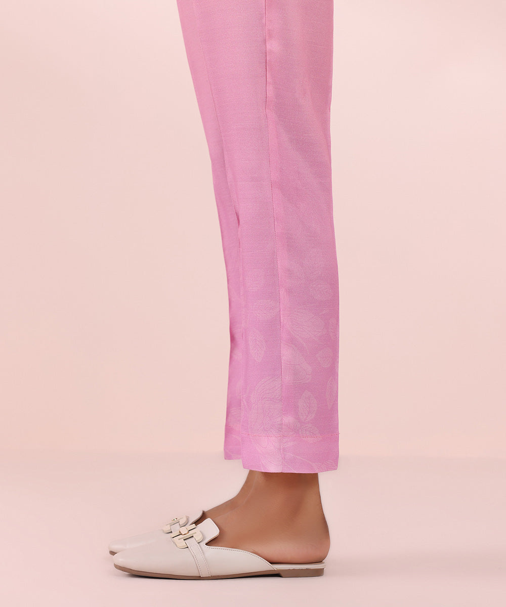 Women's Pret Viscose Raw Silk Pink Printed Cigarette Pants