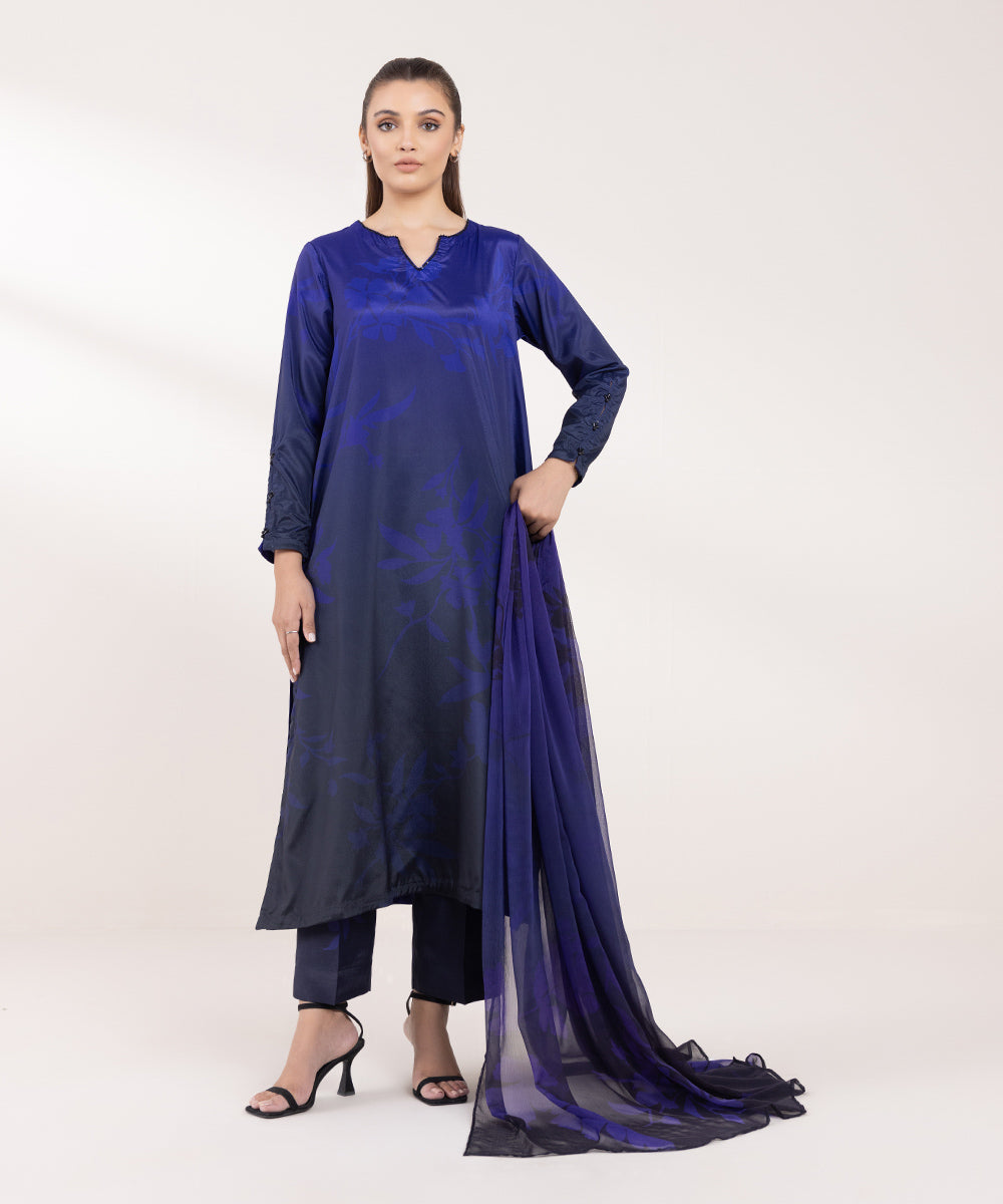 Blended Chiffon Blue Printed Dupatta