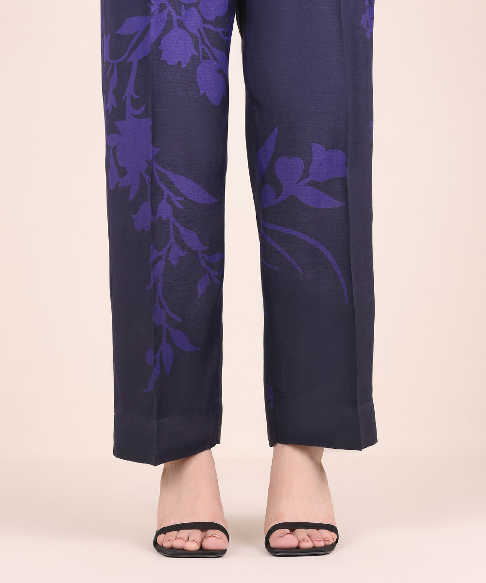 Women's Pret Viscose Raw Silk Blue Printed Straight Pants