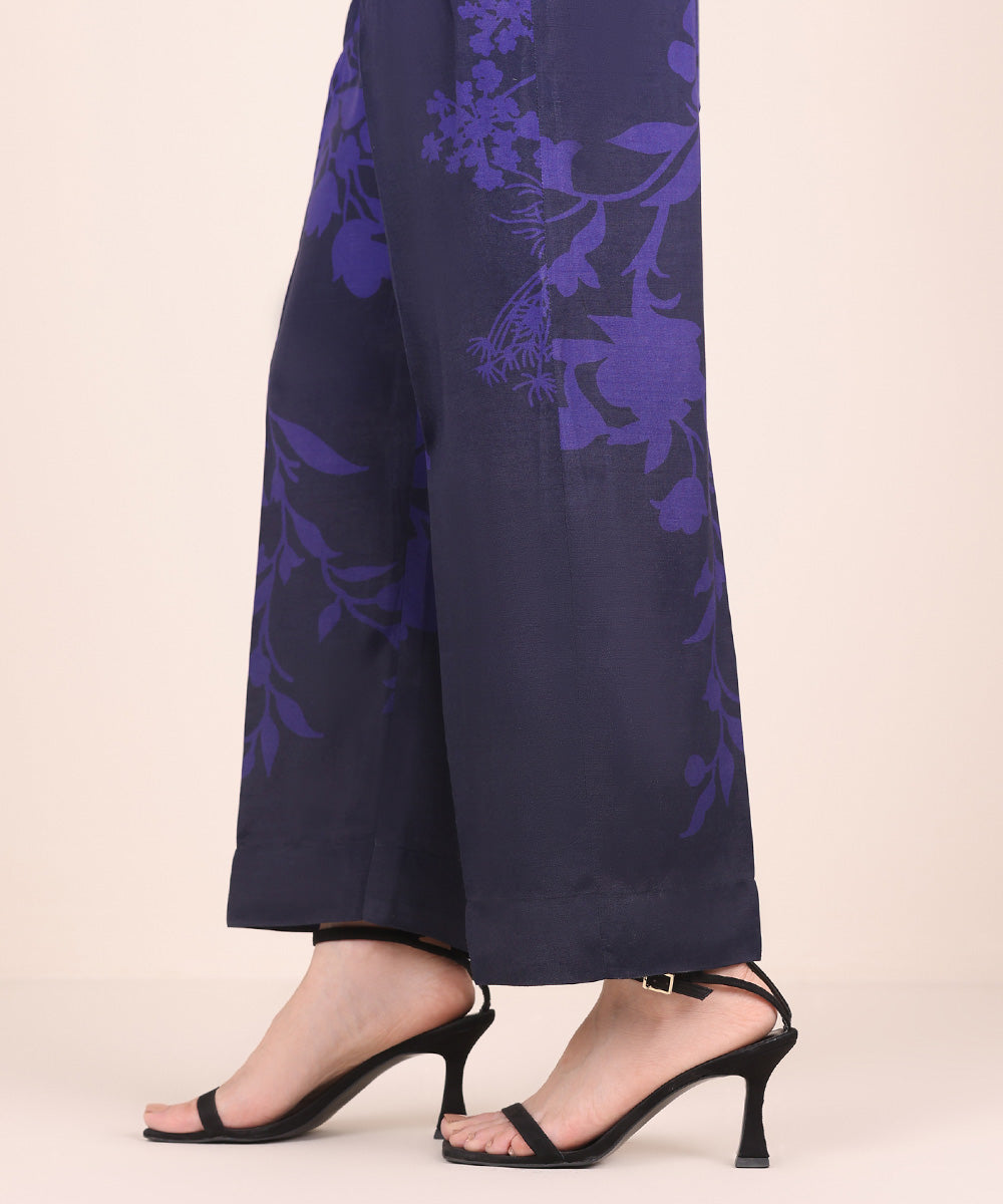 Women's Pret Viscose Raw Silk Blue Printed Straight Pants