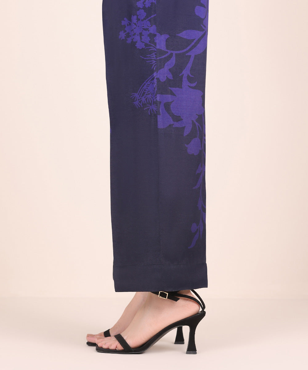 Women's Pret Viscose Raw Silk Blue Printed Straight Pants