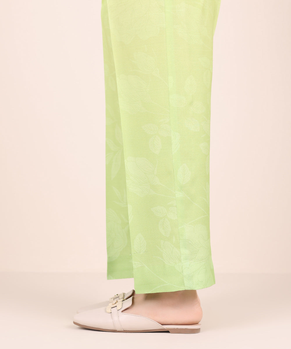 Women's Pret Viscose Raw Silk Green Printed Straight Pants