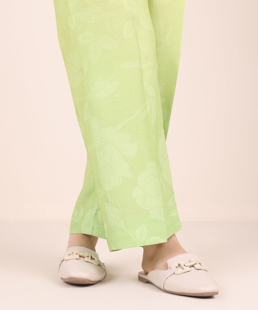 Women's Pret Viscose Raw Silk Green Printed Straight Pants