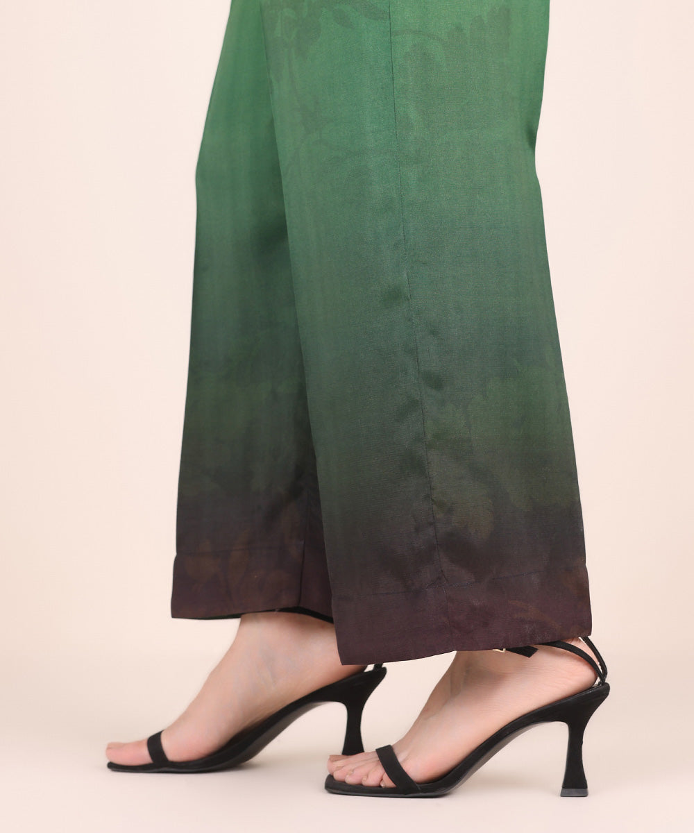 Women's Pret Viscose Raw Silk Green Printed Straight Pants