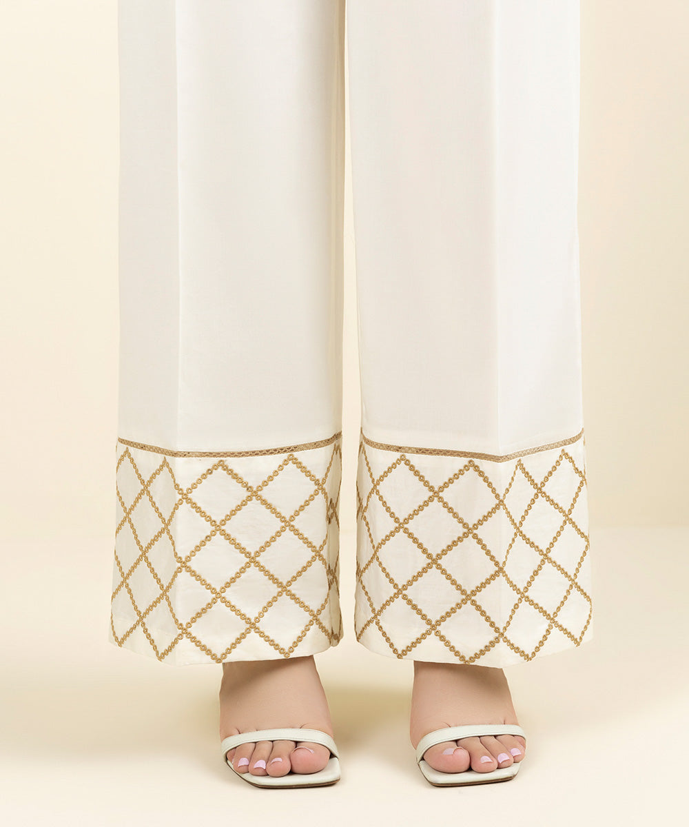 Women's Pret Supreme Satin Embroidered Off White Culottes