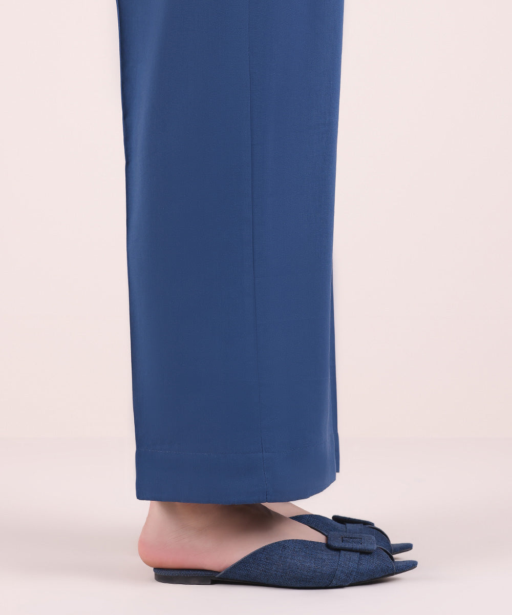 Women's Pret Cotton Viscose Blue Solid Straight Pants