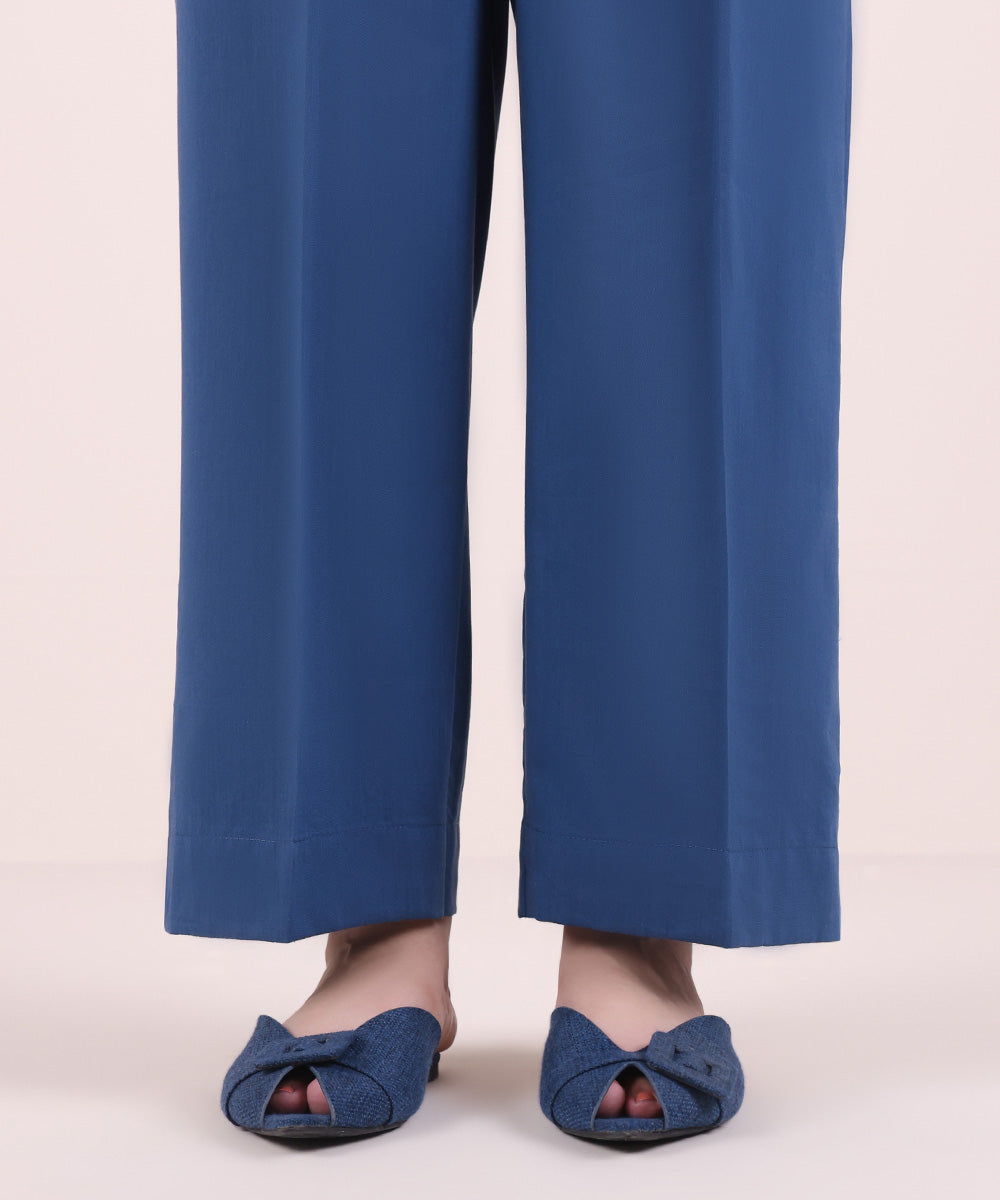 Women's Pret Cotton Viscose Blue Solid Straight Pants