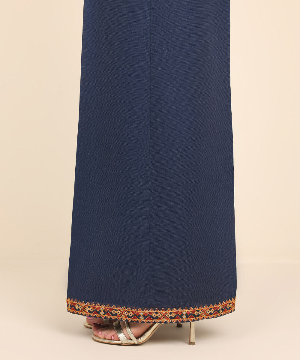 Women's Pret Dull Raw Silk Blue Embroidered Flared Pants