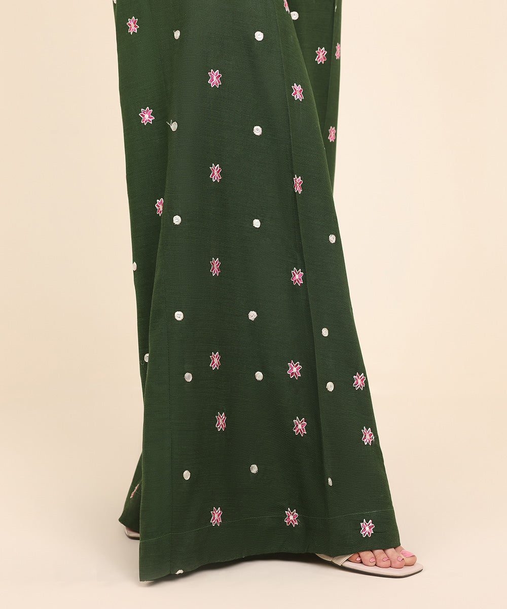 Women's Pret Dull Raw Silk Green Embroidered Flared Pants