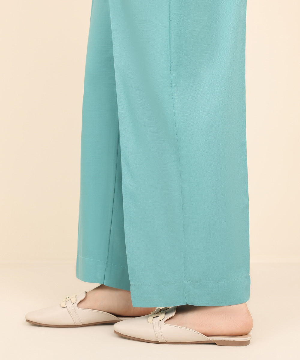 Women's Pret Dull Raw Silk Blue Solid Straight Pants