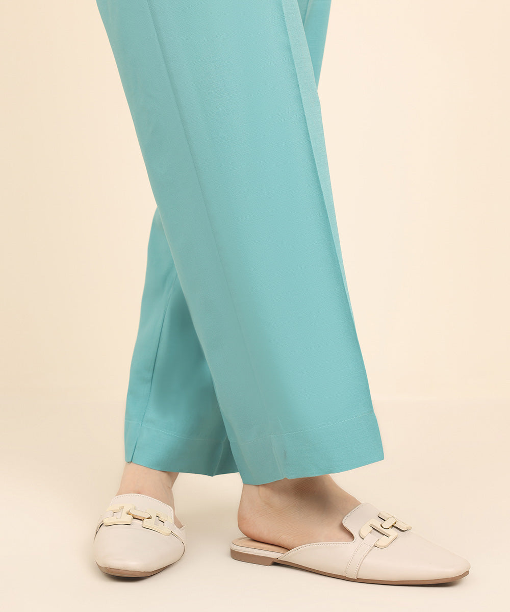 Women's Pret Dull Raw Silk Blue Solid Straight Pants