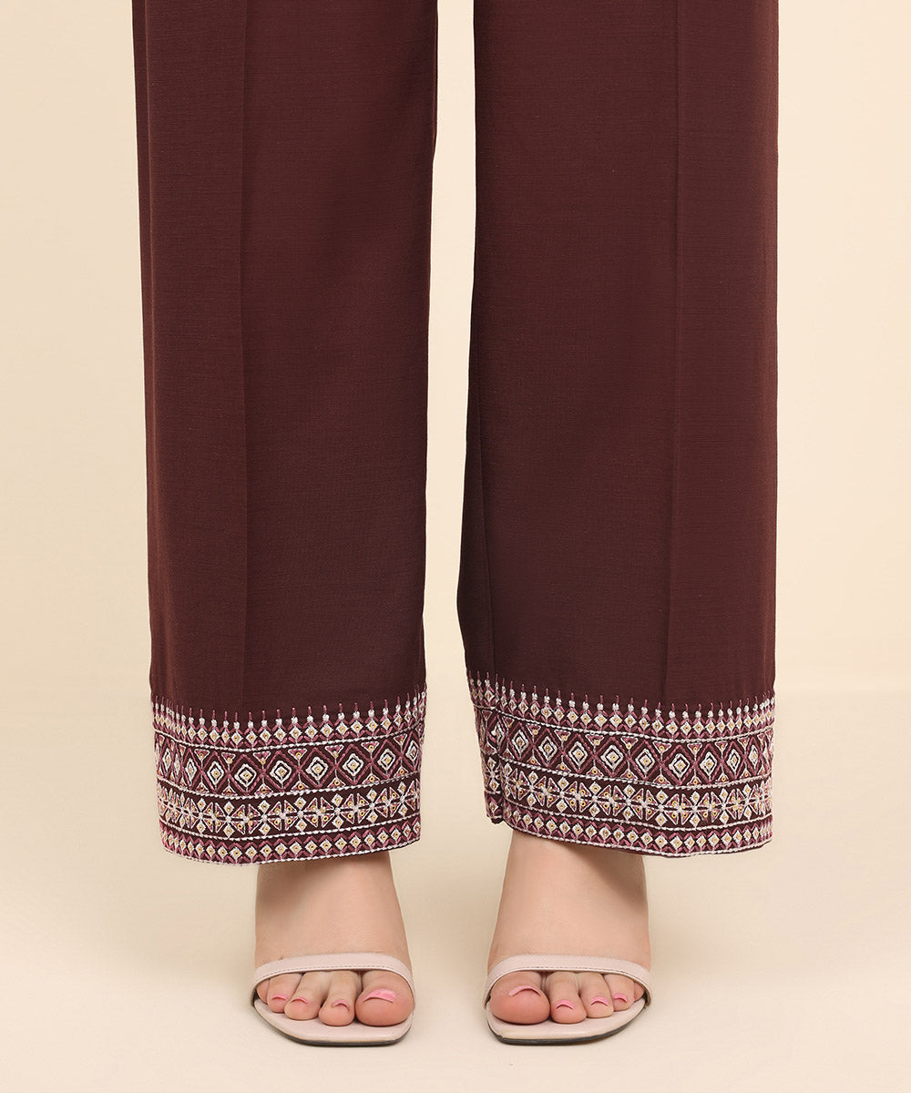 Women's Pret Dull Raw Silk Red Embroidered Straight Pants