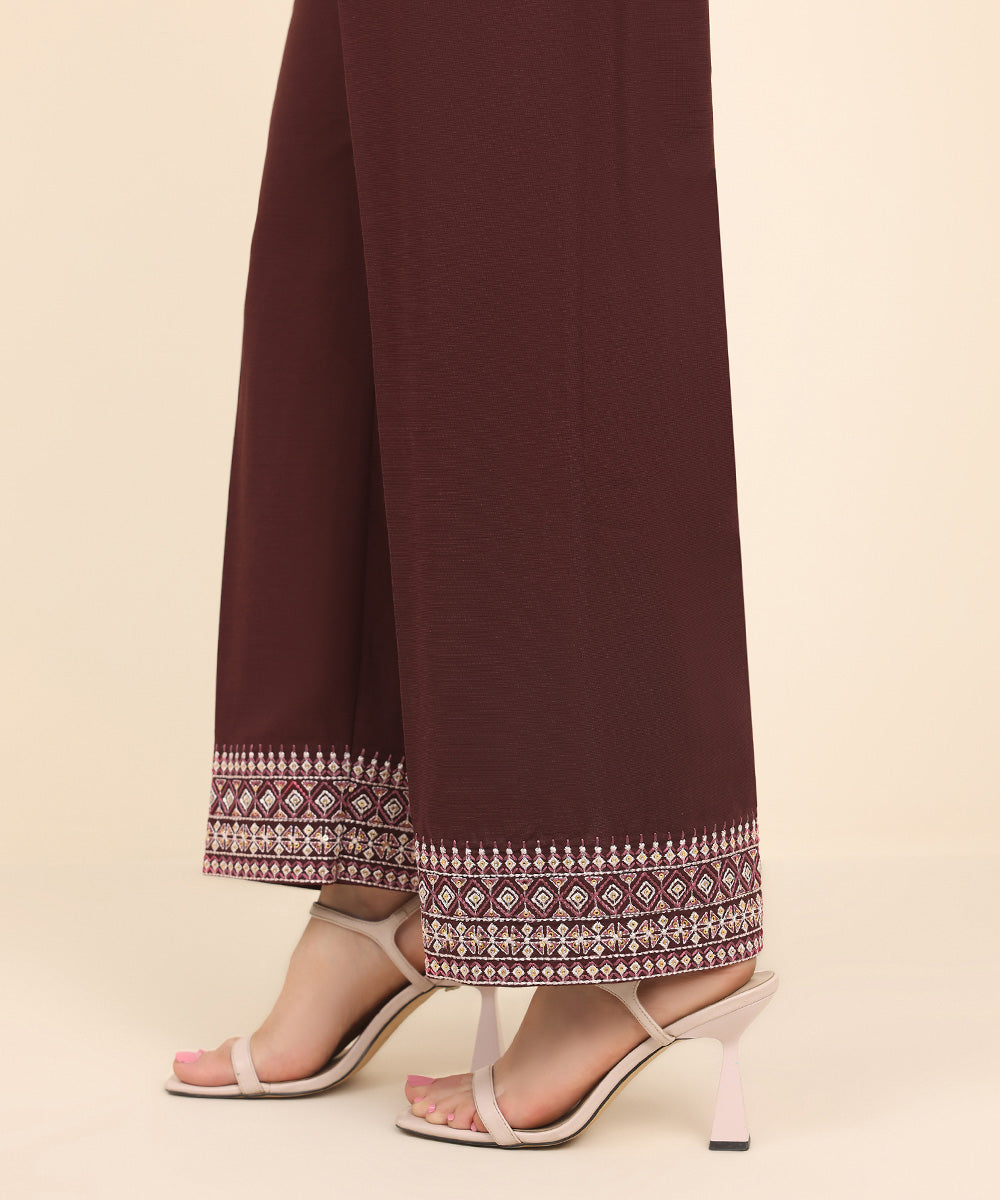 Women's Pret Dull Raw Silk Red Embroidered Straight Pants