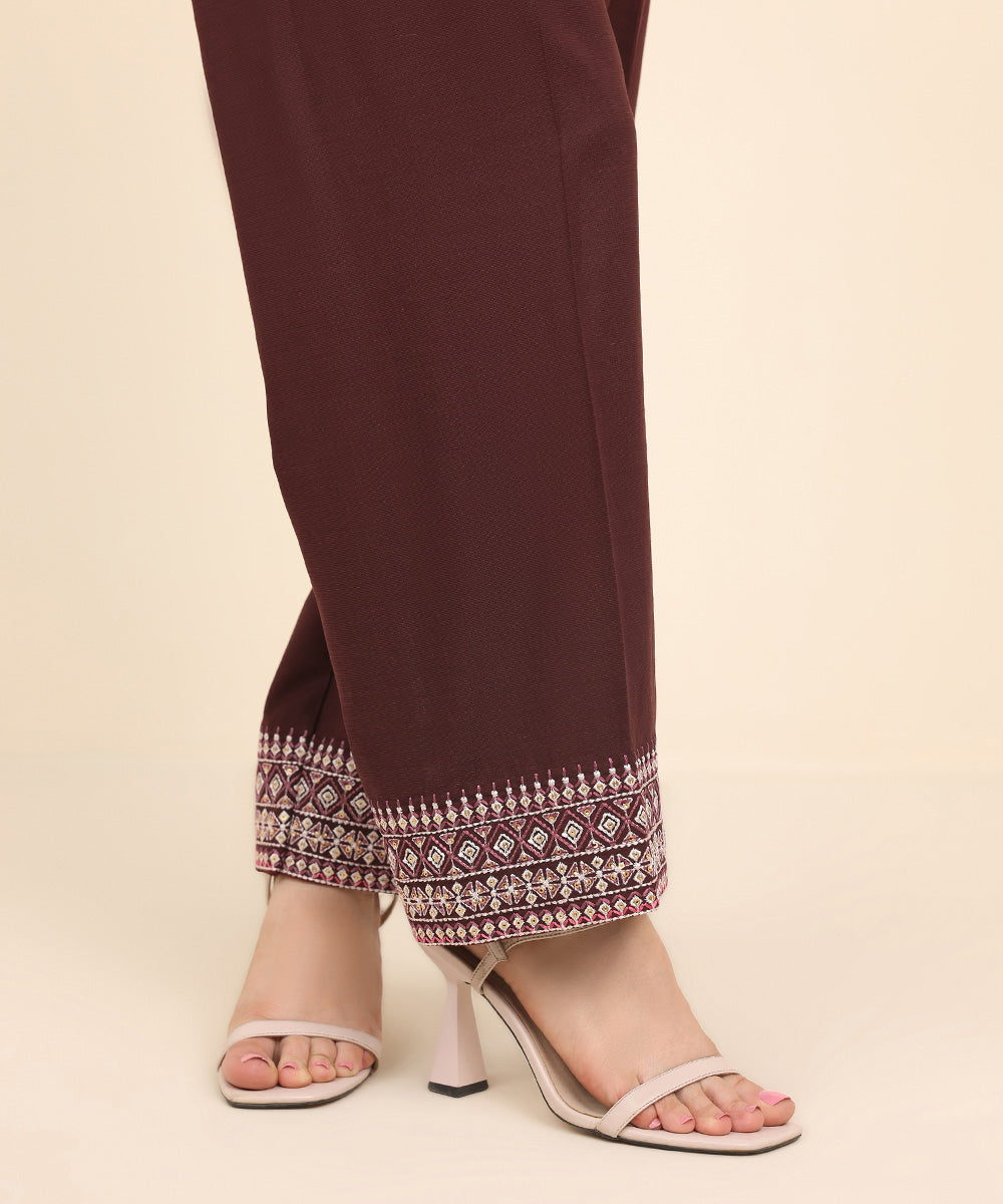 Women's Pret Dull Raw Silk Red Embroidered Straight Pants