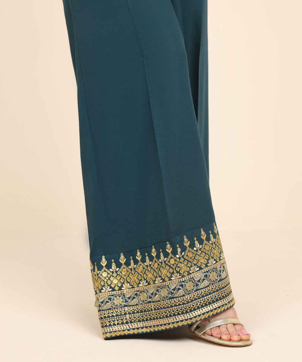 Women's Pret Dull Raw Silk Green Embroidered Flared Pants