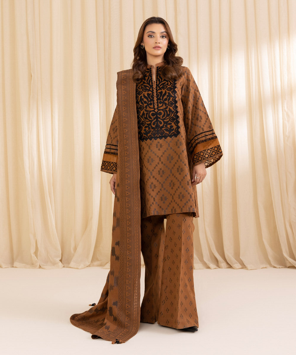 Women's Unstitched Embroidered Dark Mustard Extra Weft Jacquard Three Piece Suit