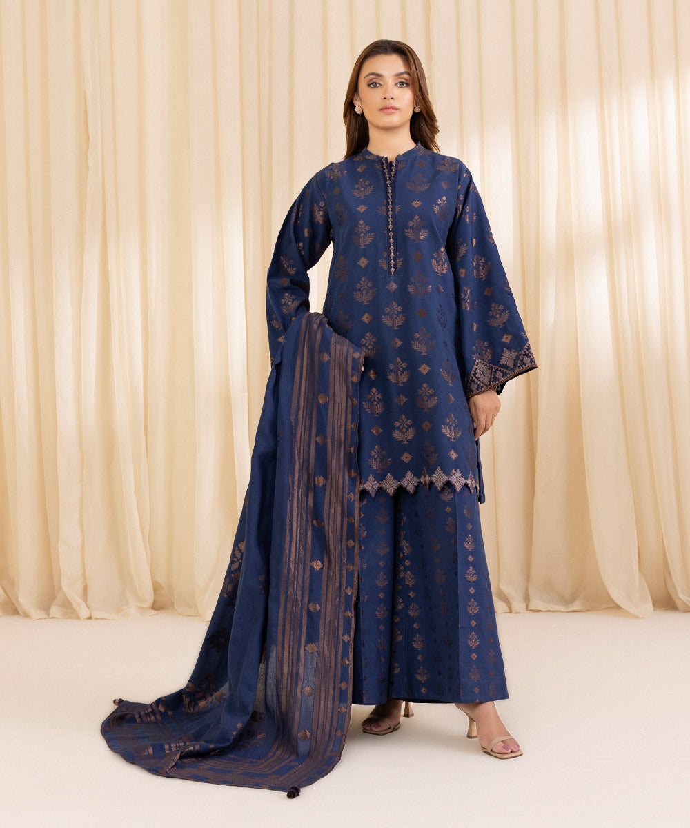 Women's Unstitched Embroidered Navy Blue Extra Weft Jacquard Three Piece Suit