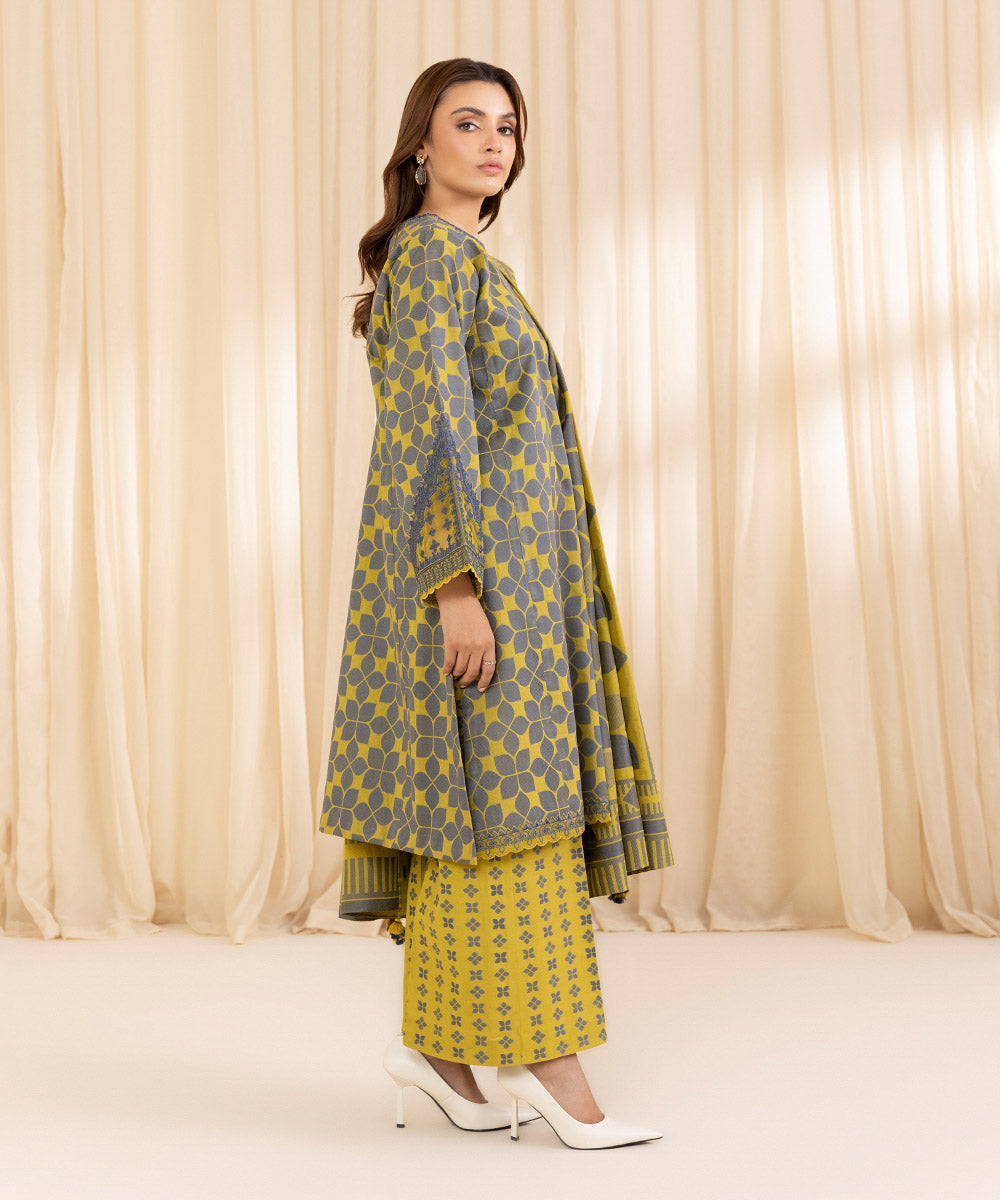 Women's Unstitched Embroidered Yellow Extra Weft Jacquard Three Piece Suit