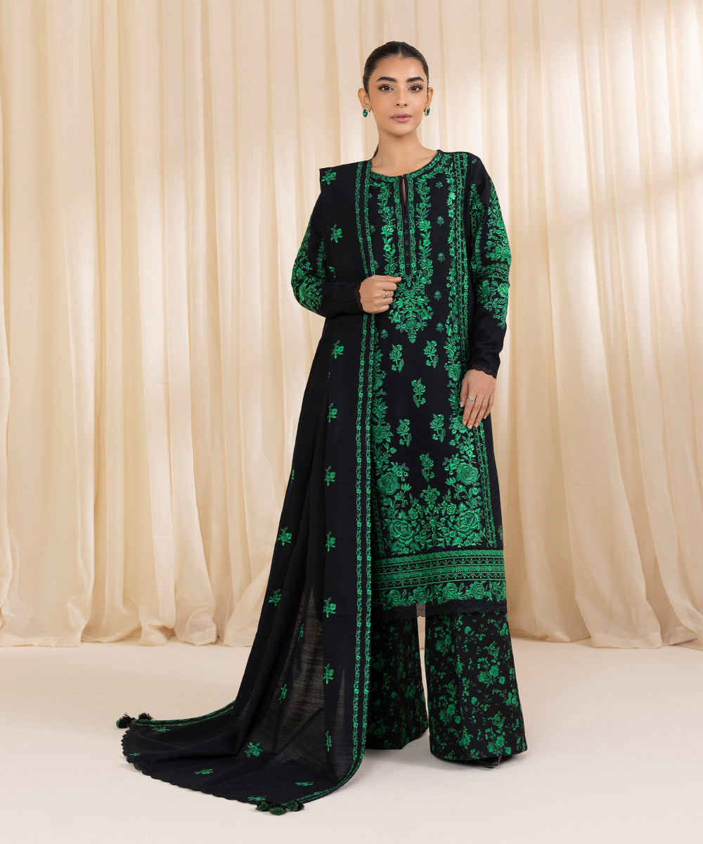 Women's Unstitched Embroidered Green & Black Khaddar Three Piece Suit