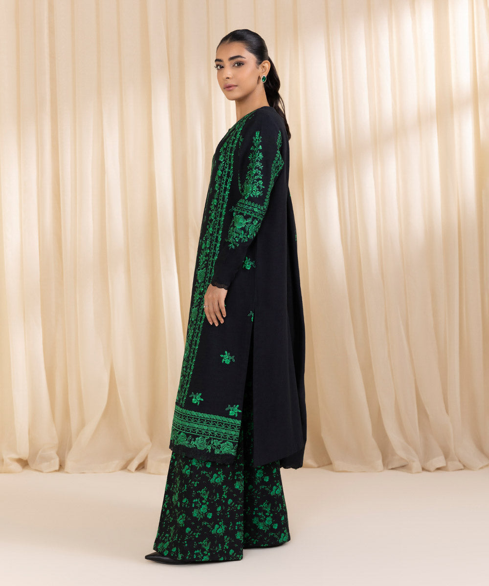 Women's Unstitched Embroidered Green & Black Khaddar Three Piece Suit