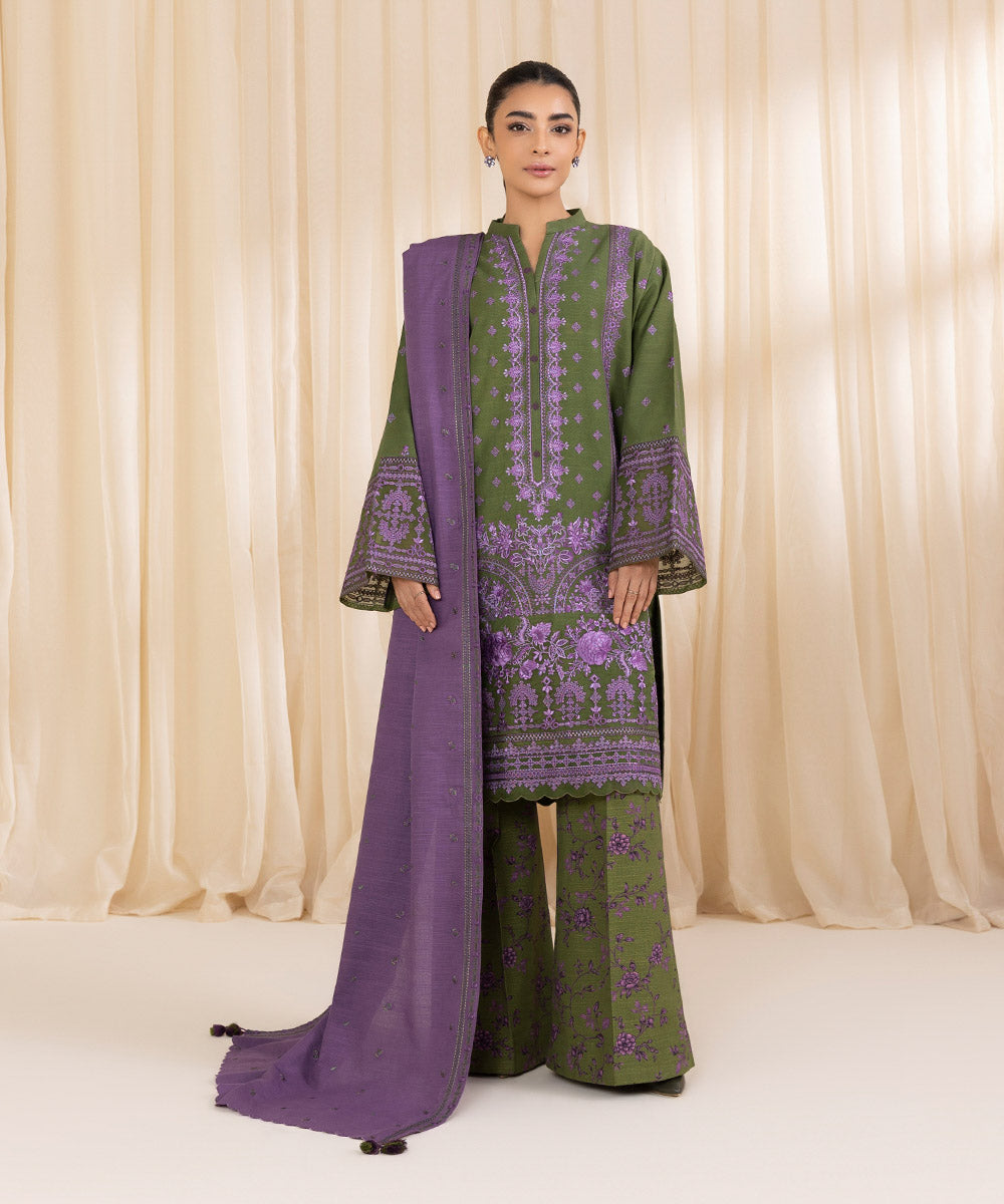 Women's Unstitched Embroidered Olive Green Khaddar Three Piece Suit